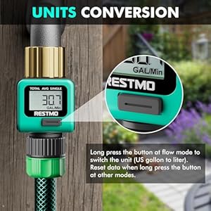RESTMO Water Flow Meter with Brass Inlet Metal Thread, Measure Gallon/Liter Consumption and Flow Rate for Outdoor Garden Hose Watering, RV Water Tank Filling, Lawn Sprinkler and Nozzle Sprayer RESTMO Water Flow Meter with Brass Inlet Metal Thread Measure GallonLiter Consumption and Flow Rate for Outdoor Garden Hose Watering RV Water Tank Filling Lawn Sprinkler and Nozzle Sprayer