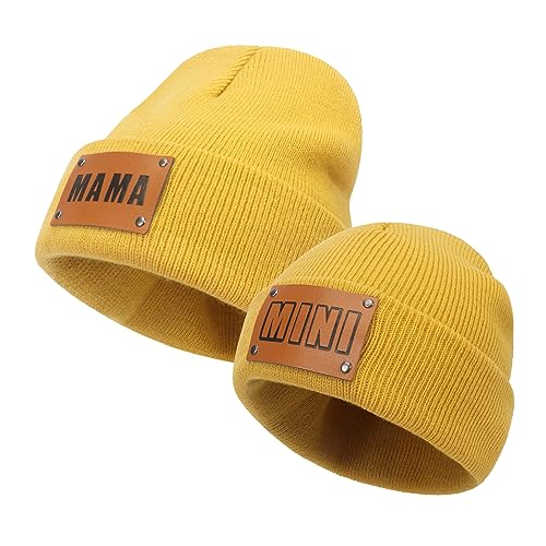 Parent-Child Beanie Hat, Women's Warm Beanie Hats Cute Knitted Caps, Baby Beanie Hat Warm Cap, Men's Winter Earguard Cap (Yellow)
