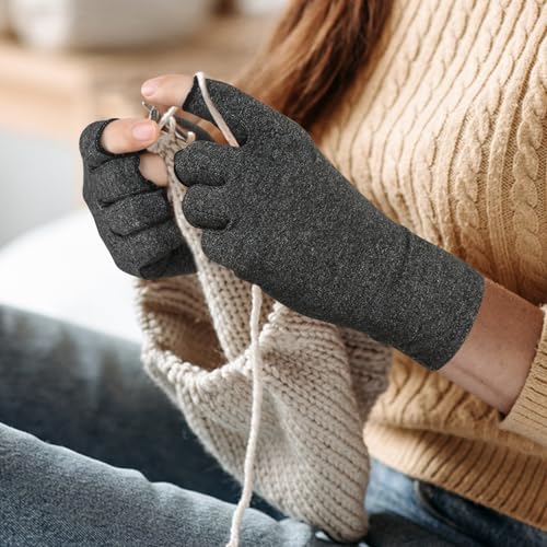 AovYoo 2 Paar Arthrose Handschuhe Fingerlose Kompressionshandschuhe, Arthriti Gaming Handschuhe für Arbeit Schlafen Sport,Bietet Halt und Wärme für die Finger (M, Grau+Rosa)