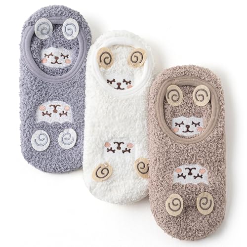 Image of 3Pairs Ankle Socks Low cut Pom Pom Fluffy Fuzzy Warm Winter Plush Slipper Socks For Women