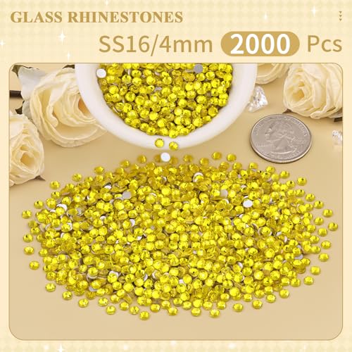 Image of 2000PCS SS16 /4mm Crystal Glass Rhinestones for Bedazzling (Lemon Yellow) | Flatback Rhinestones for Crafting DIY Nail Art Makeup Decoration, Gems Diomand Charms for Tumbler Shoes Clothing Mug