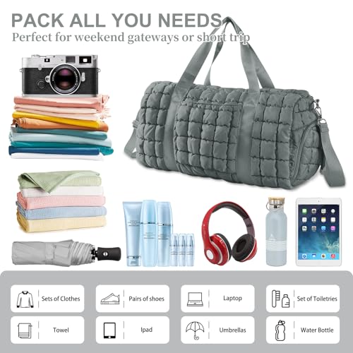 Image of Quilted Travel Duffle Bag Gym Bag for Women,Large Puffer Duffle Weekender Bag with Compartment,Workout Overnight Carry on Organizer Bag Duffle Bag for Airplane Travel(Grey)