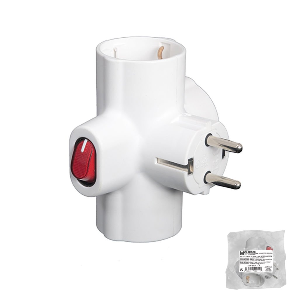 WOLFPACK LINEA PROFESIONAL - Adaptador / Ladron Triple Schuko 16 A 250v Con Interruptor