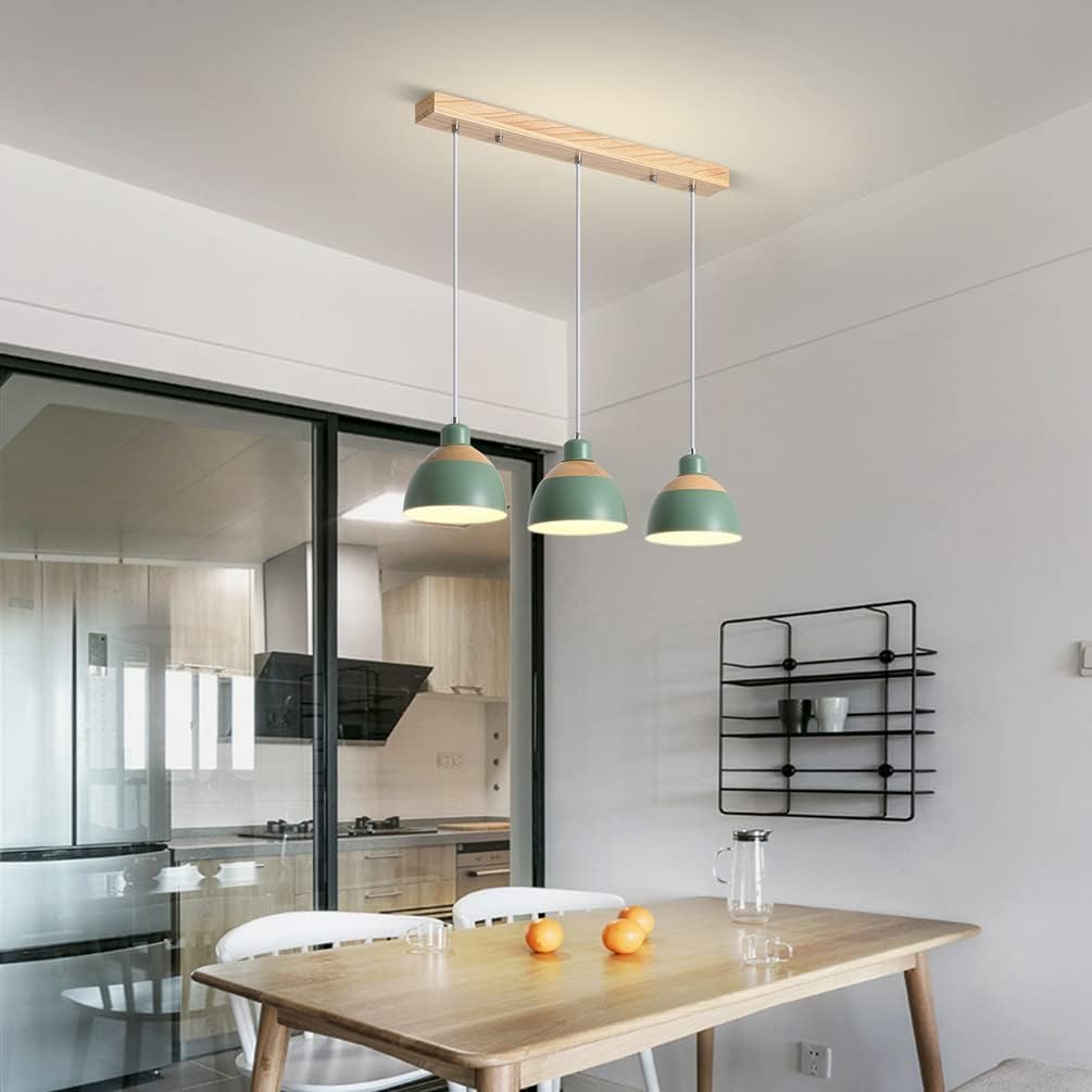 Retro Holz Hängeleuchte 3-Flammig Esstischlampe Grün Metall Pendelleuchte Industrie Höhenverstellbar Hängelampe für Esszimmer Küche Cafe Theke Innen Büro Pendellampe
