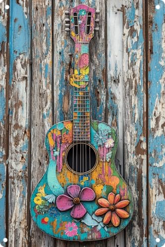 FWBOYSV Vintage Tin THE GUITAR Sign Retro Metal Sign,Suitable for home, street, shop, garage, bar, farm, garden - multi-purpose metal sign for indoor/outdoor use Plaque 8x12 Inch