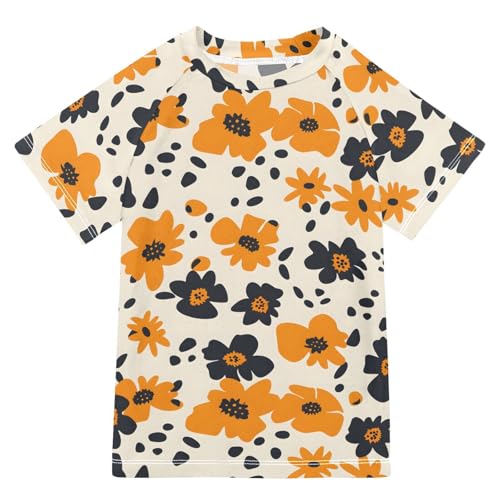 ALAZA Boys Rash Guard Swimming Shirt for Boys Short Sleeve Flower Orange Black UPF 50+ 5-6T