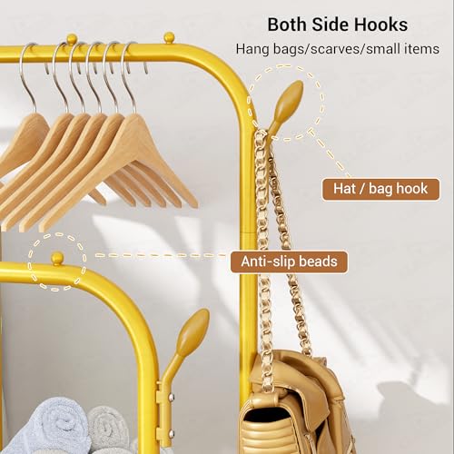 Image of Lukzer Metal Garment Stand with 6 Shelves & Double Rods, Heavy-Duty Clothing Rack with Side Hooks & Wheels, Multi-Functional Storage Organizer for Bedroom, Laundry & Entryway - (MGS-008 /Gold)