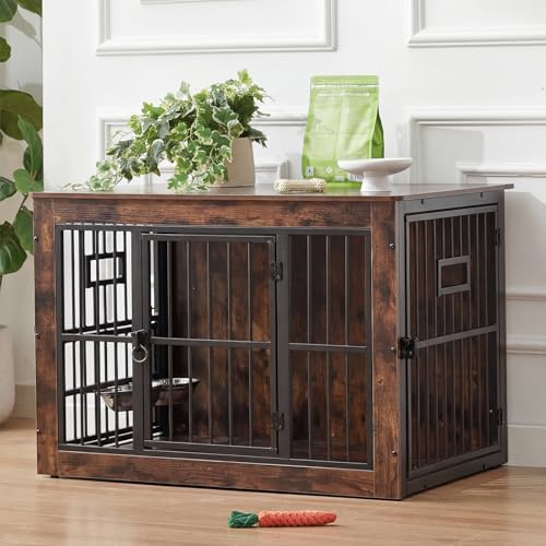 38 Inch Heavy Duty Dog Crate Furniture for Medium Dogs, Decorative Pet House End Table with 3 Doors & Adjustable Bowls, Wooden Cage Kennel Furniture Indoor, Rustic Brown Rustic Brown 38 Inch