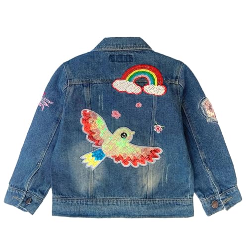 Peacolate 3-11Jahre kleine Mädchen Jeansjacke Kiner Oberbekleidung sticken Regenbogen Vögel und Blumen Frühling Herbst Denim Mäntel (Regenbogen,7-8Jahre)