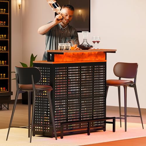 DWVO LED Mini Home Bar Unit with Music Sensing Light, Liquor Wine Cabinet with Storage, Bar Table Top Alcohol Storage Shelf Glasses Rack Footrest for Kitchen Pub Living Room, Rustic Brown