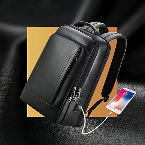 BOPAI Sac a Dos homme Cuir Sac à dos en Cuir véritable 15,6 Pouces Sacs à Dos pour Ordinateur Portable Sac à Dos d'affaires pour Grande Capacité Loisirs Affaire Sac à Dos Anti-vol étanche USB Noir