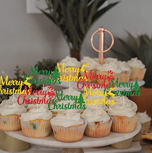 Jozon 37 Pack Gold Red Green Merry Christmas Cake Topper And Merry Christmas Cupcake Toppers Set Glittery Xmas Holiday Cupcake Picks Christmas Party Cake Supplies Decoration #TOP6