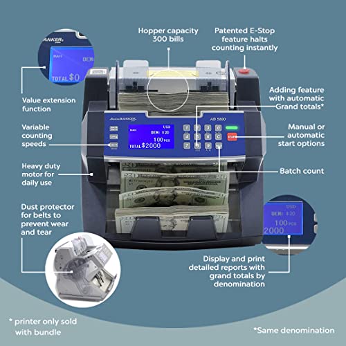 Accubanker Bank Grade Batch Value Bill Counter Ab5800 Money Counter Machine With Total Value Per Denomination Hopper Capacity 300 Bills & Counterfeit Detector Mg + Uv (Ab5800) #TOP4
