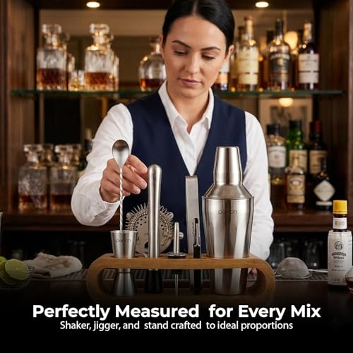 Image of O' Holic by Perch 10-Piece Bartender Kit with Mango Wooden Stand|Cocktail Shaker Gift Set with Jigger,Strainer,Spoon,Muddler, Pourers, Tongs & Corkscrew|Home Bar Accessories for Mixing Drinks (Silver)