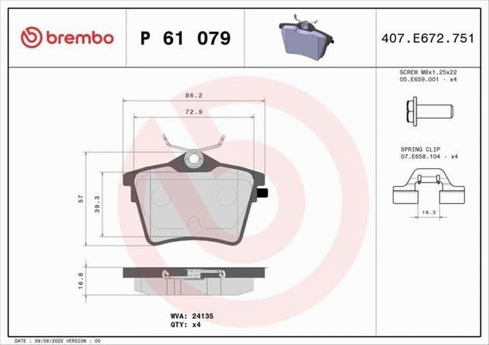 Brembo P61079 Plaquettes de Frein Arrière | Compatible avec: CITROËN C5 III, C5 III Break, PEUGEOT 407, 407 Coupe, 407 SW, 607
