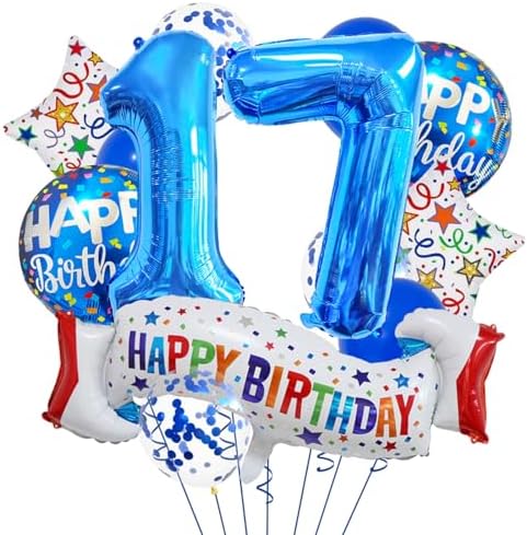 Happy 17th Birthday Balloon Colorful Banner Balloons Set 17th Year Old Birthday Blue Theme 17 Balloon Number 17 Foil Mylar Balloons Kids 17 Party Balloons Confetti Latex Mylar Balloons Party Supplies image 5