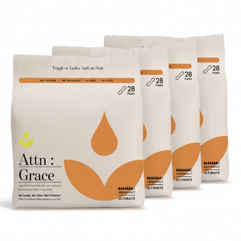 Image of Attn: Grace Ultimate Incontinence Pads for Women, 4-Pack (112 Pads Total / 28 per Pack) - Plant-Based, High Absorbency, Breathable - Overnight Pads for Heavy Bladder Leaks & Sensitive Skin