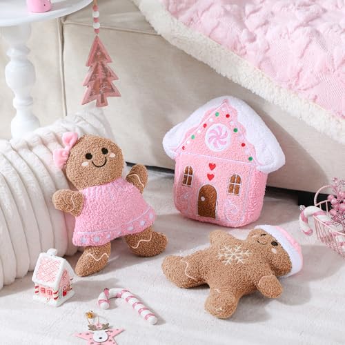 Image of Konohan 3 Pcs Christmas Gingerbread Pillows House Man Throw Pillows Stuffed Gingerbread Shaped Pillow for Christmas Party Outdoor Cushion Decorations(Pink,Lovely Style)