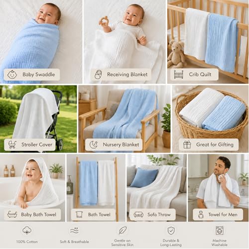 Image of Aablexema Baby Muslin Bath Towels - Set of 2 Large Size 43X43 Inches Swaddle Blanket for Newborn Toddlers Boys Girls (White & Blue)
