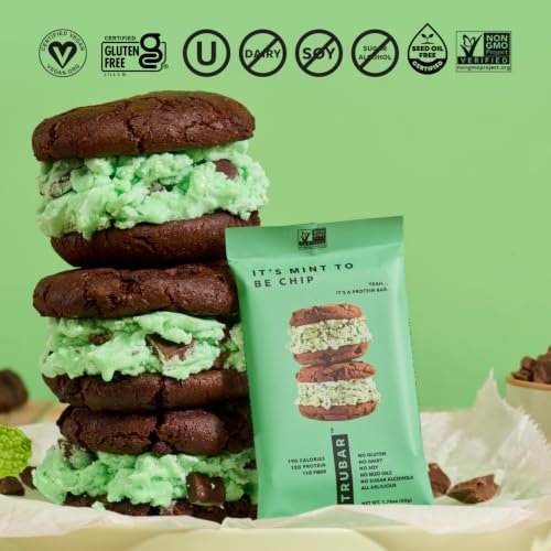 Image of TRUBAR Vegan Protein Bar,It's Mint To Be Chip, Gluten Free, Plant Based Protein, Dairy Free, Non GMO, Soy Free, No Sugar Alcohols, 12G Protein, 12G Fiber, 23G Carb, On the Go Snack Bars, 12ct