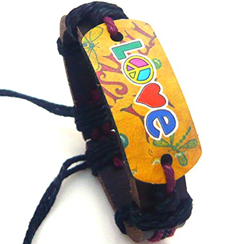 Bracelet Peace and Love en Cuir Marron paix amour Taille Réglable de 14 à 31 cm cadeau anniversaire saint valentin bijou garçon fille fête des mères...