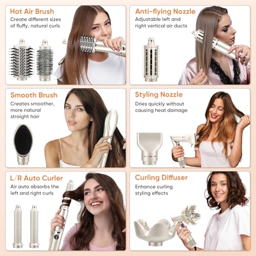 Image of 8 in 1 Hair Dryer Brush Multi Hot Air Styler with Auto Wrap Curler, 1.25 Inch Curling Iron, Fast Drying Foldable 110,000 RPM Blow Dryer Brush for Women Volumizing, Curling, Straighten, Frizz-Free