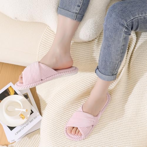 Image of Evshine Summer House Slippers for Women Corduroy Cross Bow Indoor Slippers Open Toe Slip On Bedroom Shoes with Memory Foam
