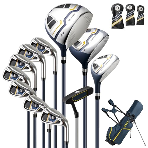 COSTWAY 12 Pieces Complete Golf Clubs Set for Men Women, Golf Club Package Set with 460CC #1 Driver, #3 Fairway and #5 Hybrid, #5#6#7#8#9#P #S Irons & Putter, Rain Hood, Right Hand (Navy Blue)