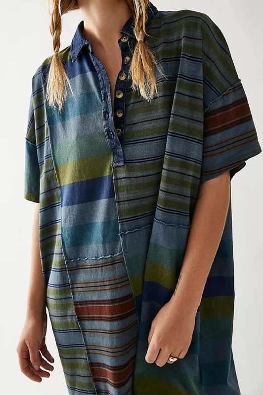 Image of NUFIWI Y2K Striped Shirt Mini Dress for Women Oversized Stripe Tunic Tshirt Dresses Short Sleeve Buttons Loose Fit Tee Dress