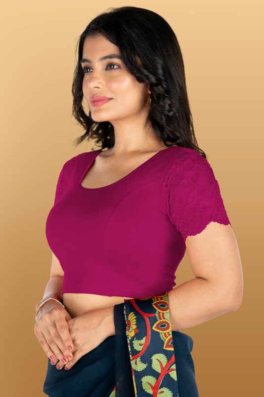 Image of Abhi Cotton Readymade Saree Blouse for Women- Half Net Sleeves, Round Neck, Regular-fit, Stretchable, Pull-on Style Blouse
