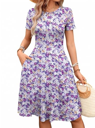 Image of Women's 2026 Fit and Flare Dress Summer Casual Elegant Vintage Floral Printed Work Party A-line Dress with Pockets 162