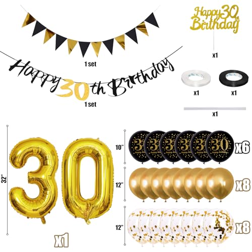 Image of Jobkoo 30th Birthday Decorations for Him, Black Golden 30th Birthday Party Decor Men Women Happy 30th Balloons Black 30th Banner Cake Topper Number 30 Balloon for Thirty Decoration
