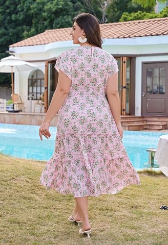 Image of Keluummi Plus Size Wedding Guest Midi Dress for Curvy Women, Summer Casual Boho Floral Empire Waist Party Dress with Pockets
