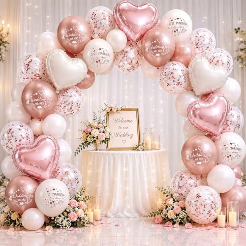 HYZYWON Ballons de Mariage, 70 Pièces Ballon Coeur, Blanc Or Rose Mariage Just Married pour Lacher, Decoration Fiançailles, EVJF, Demande en Mariage, Salle et Jardin (Rose)