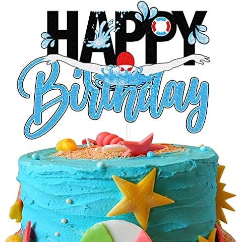 Sports Swimming Happy Birthday Cake Topper - Summer Pool Blue Birthday Glitter Cake Topper For Boys Girls - Swimmer Birthday Party Decoration Cover