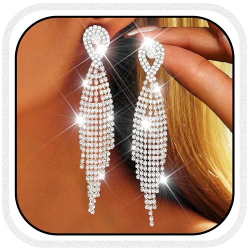 Catery Silver Rhinestone Earrings Long Diamond Chandelier Earrings Dangling for Women