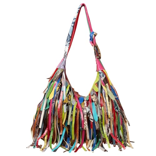 Women Multicolour Handbag Sheepskin Patchwork Shoulder Bag Colorful Tassel Purse