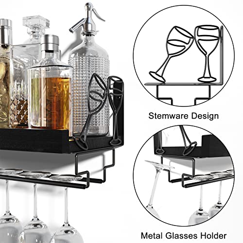 Love-KANKEI Wine Rack Wall Mounted Wine Glass Rack Floating Shelf with Stemware Hanger for Kitchen Wood Shelf for Home Bar (Black) - Image 4