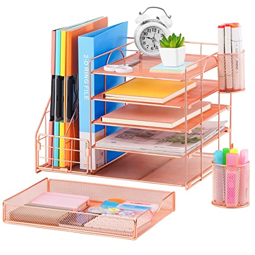 Image of Marbrasse Rose Gold Desk Organizer with File Holder, 5-Tier Paper Letter Tray Organizer and Drawer, Mesh Desktop Storage with Magazine Holder for Office Supplies