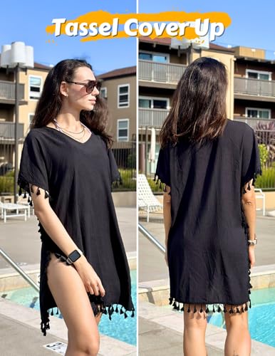 AI'MAGE Women Bathing Suit Cover Up Tassel Swimsuit Coverup Short Sleeve Beach Cover Ups Dress V Neck Beach Wear S-3XL4