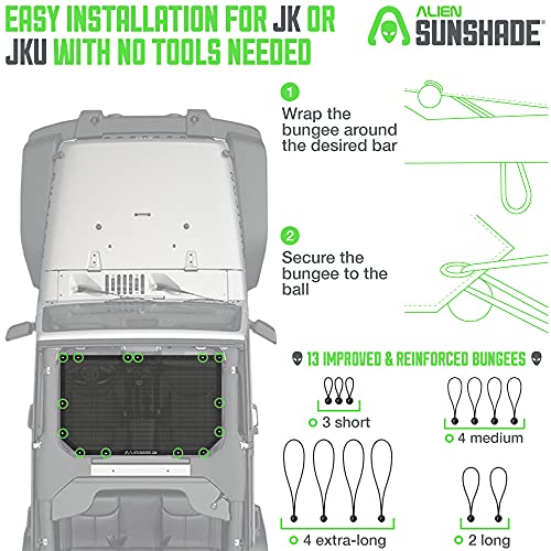 Alien Sunshade Jeep Wrangler JK & JKU Black (2007-2018) Front Mesh Sun Shade for JK Unlimited, Blocks UV, Wind, Noise, Jeep Gifts, Bikini Jkini Top Cover for Sport, Sport S, Sahara, Rubicon - Image 3
