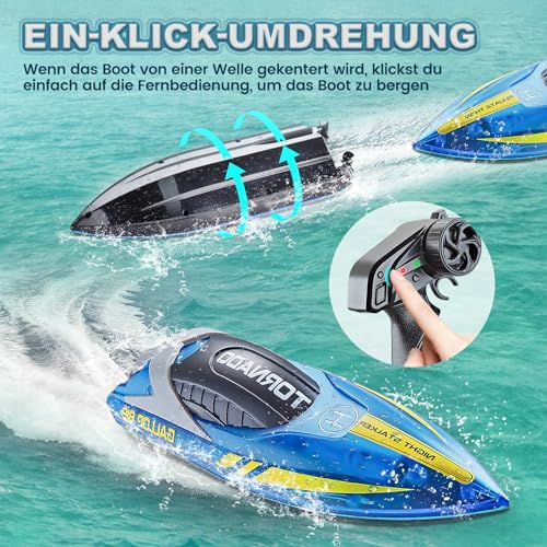 JONRRYIN Ferngesteuertes Boot, RC Boot mit LED-Licht für Pools und Seen, 2,4 GHz Ferngesteuerte Boote RC Rennboot, Speedboot Poolspielzeug für Kinder und Erwachsene (Blue)