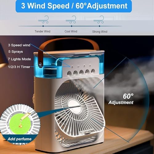 Image of Mini Cooler for Room Cooling AC Portable Mini Fan Artic Cooler with 7 Colors LED Light 1 /2 /3 H Timer 3 Wind Speeds and 3 Spray Modes for Office Home & Shop (Green)