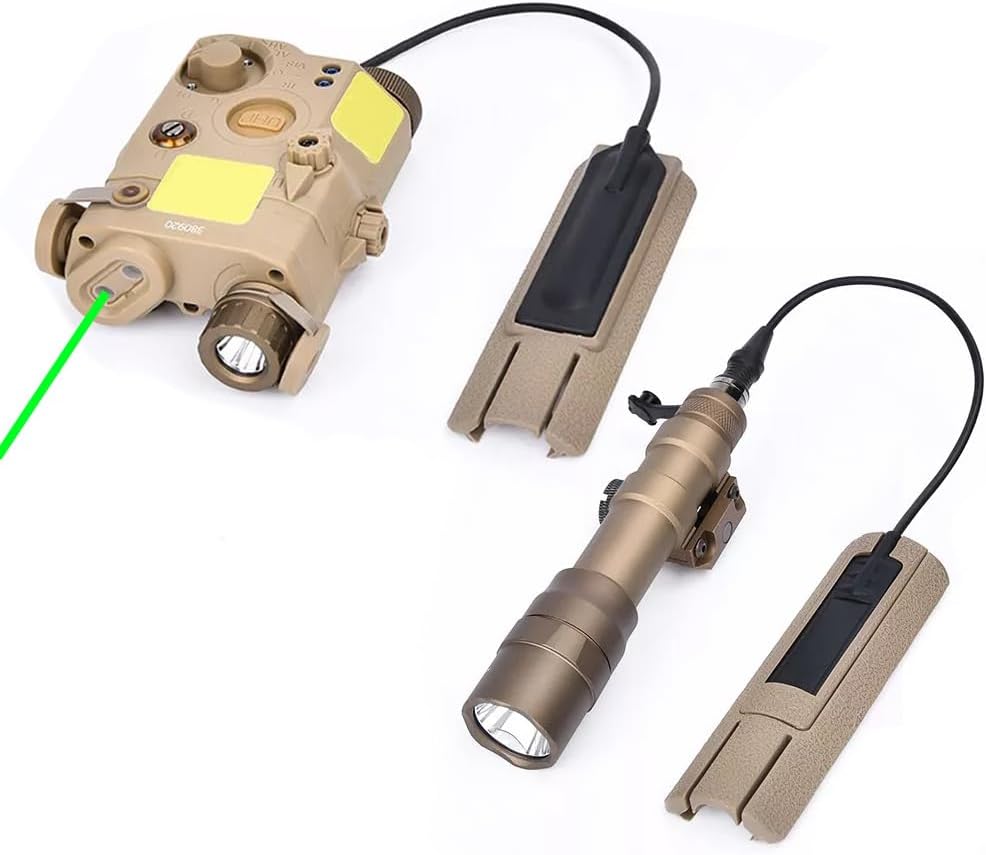 Nylon PEQ15 Aiming Box Laser Sights(with Red/Green/Blue Laser+IR Fill Light+LED Flashlight), & M600DF Flashlight & Modular Remote Pressure Switch & Pressure Switch Mount Slot Set,for 20mm Rail, Tan