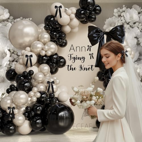 Image of Black and White Champagne Bow Balloon Arch Kit Double-stuffed Pearl Beige Cream Balloons for 2025 Graduation, Prom, Martini Birthday,Bridal Shower, Wedding,Coquette Bride Party Decorations