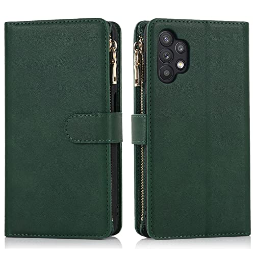 Jaorty Samsung Galaxy A32 5G Wallet Case,[9 Card Slots] Removable Adjustable Crossbody Necklace Lanyard Shoulder Strap Zipper Magnetic Leather Case For Samsung Galaxy A32 5G,6.5 Inch Dark Green #TOP6