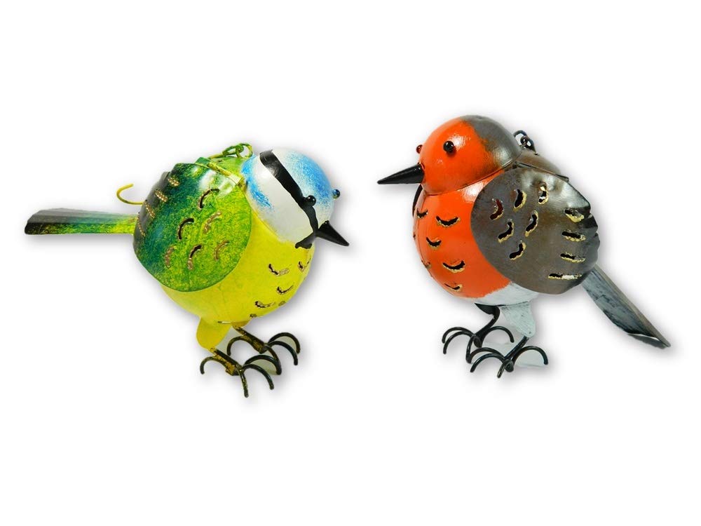 Thai Gifts Blue Pair Of Hanging Metal Bird Tealight Candle Holders – Robin & Tit - Handcrafted Outdoor/Indoor Garden Ornaments - Unique Gifts For Bird Lovers, Birthdays & Christmas