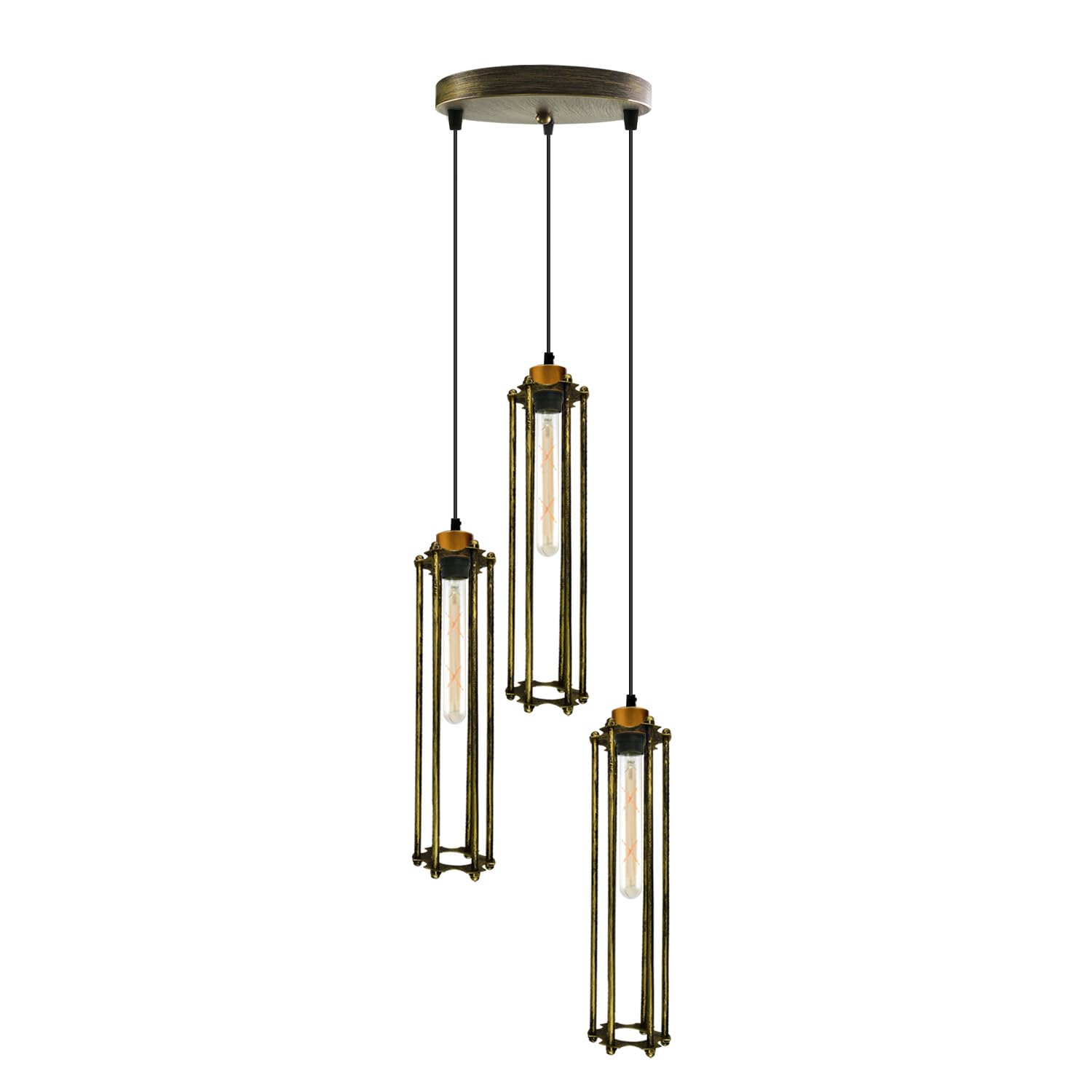 LEDSone Vintage Retro Style Ceiling Pendant Light Cluster Light Fitting E27 Base Wire cage for Living Room,Home,Restaurant (Round Base - Yellow Brass Holder, with Bulb)