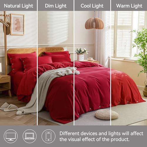 Image of JELLYMONI Cotton Duvet Cover Cal King Size - Crimson Red Comforter Cover with Button 100% Washed Cotton 3PCS Breathable Soft Solid Bedding Set Duvet Cover 104x98in & 2 Pillowcases (NO Comforter)