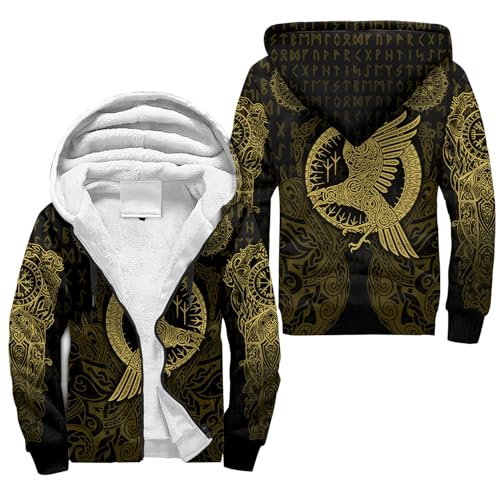 JHBTFQ Nórdico Vikingo Chaqueta para Hombre Cuervo Odín Hugin Munin Impreso en 3D Otoño/Invierno Caliente Sudadera con Cremallera Medieval Regalos,Amarillo,5XL